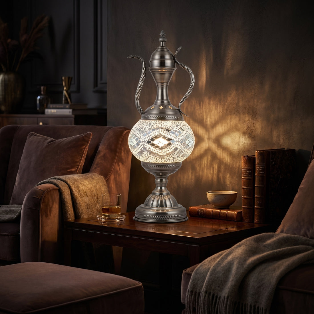 Silvery Serenity mosaic glass table lamp — glowing against a deep charcoal background