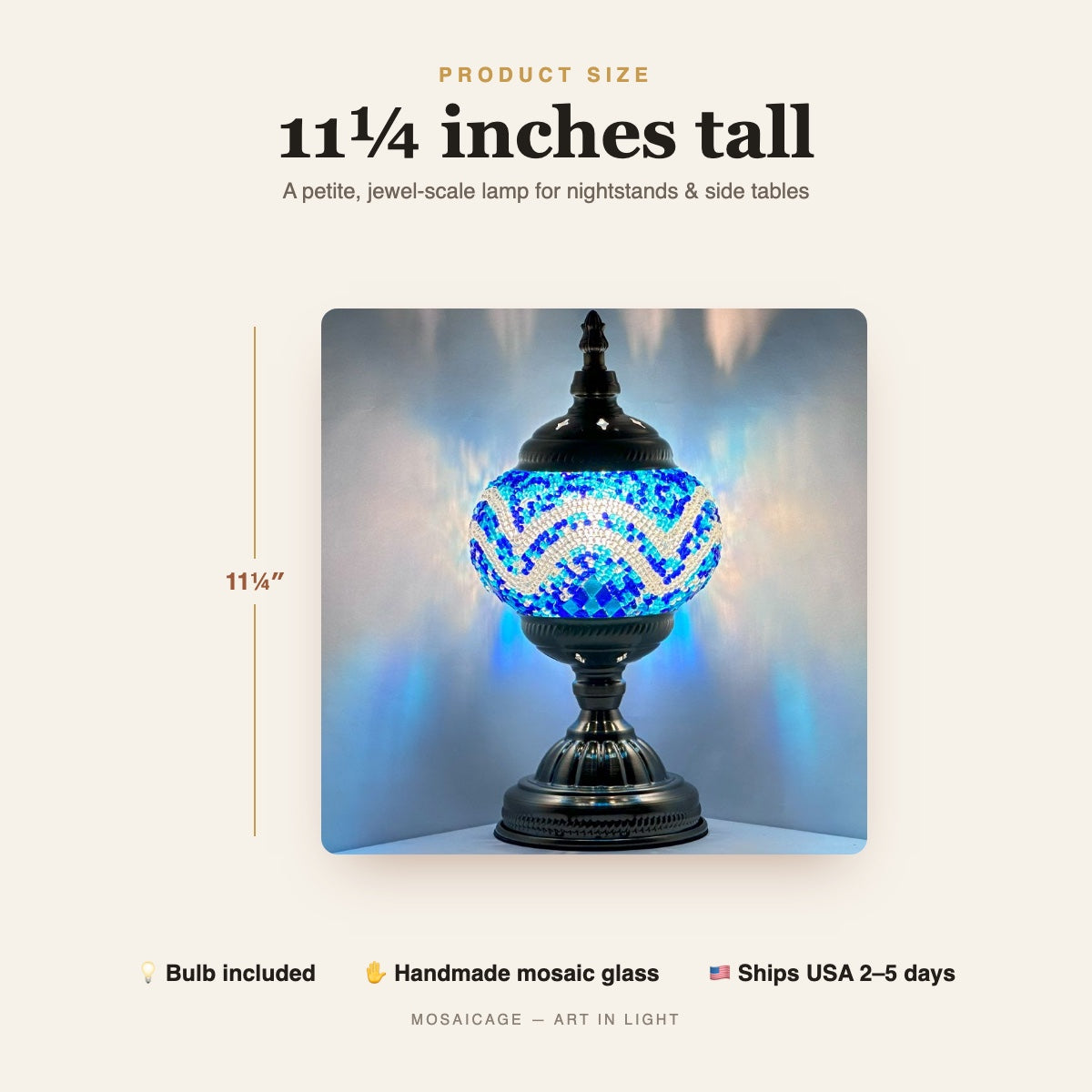 Deep Ocean mosaic glass table lamp size, 11 1/4 inches tall, bulb included