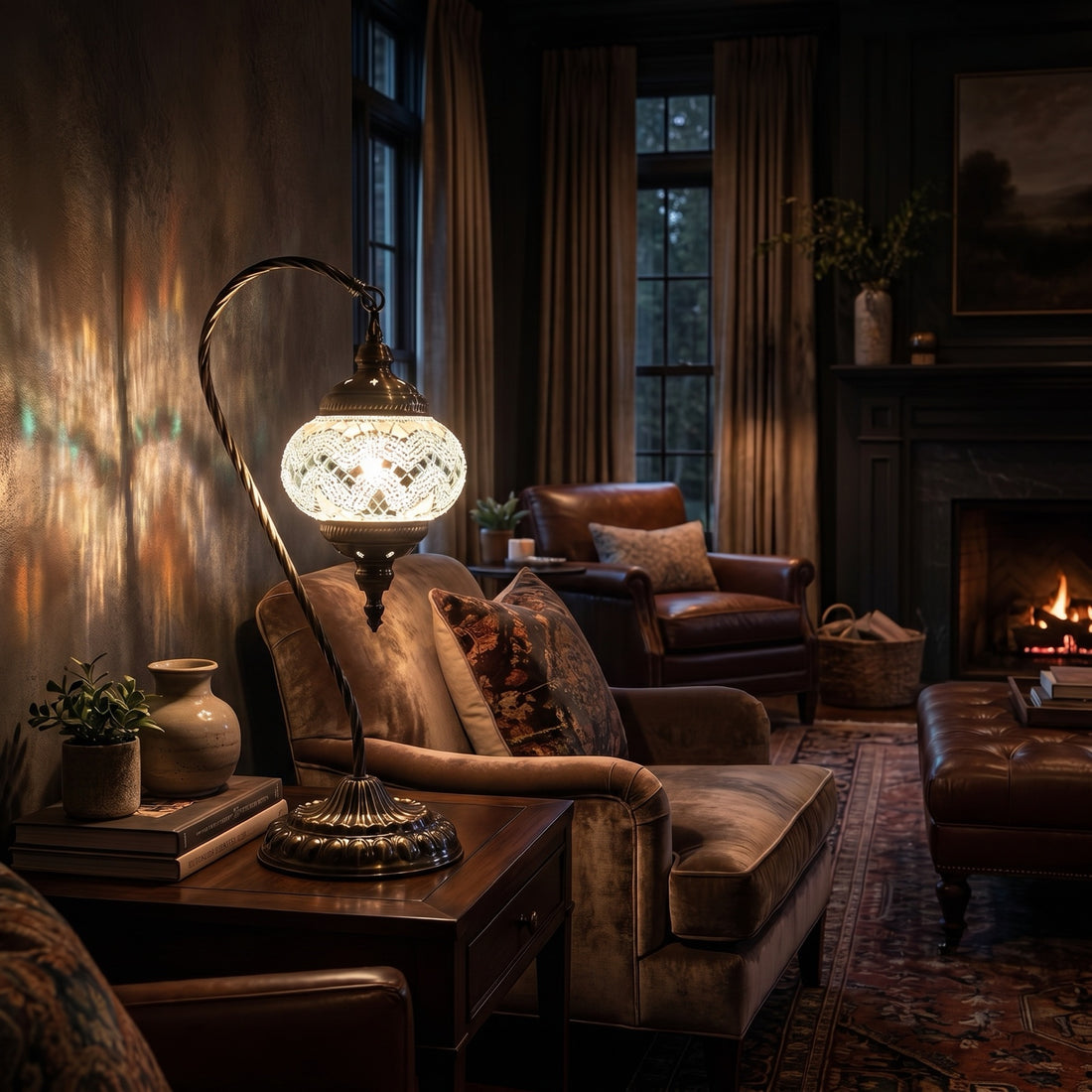 Soft Moonlight mosaic glass table lamp — glowing against a deep charcoal background