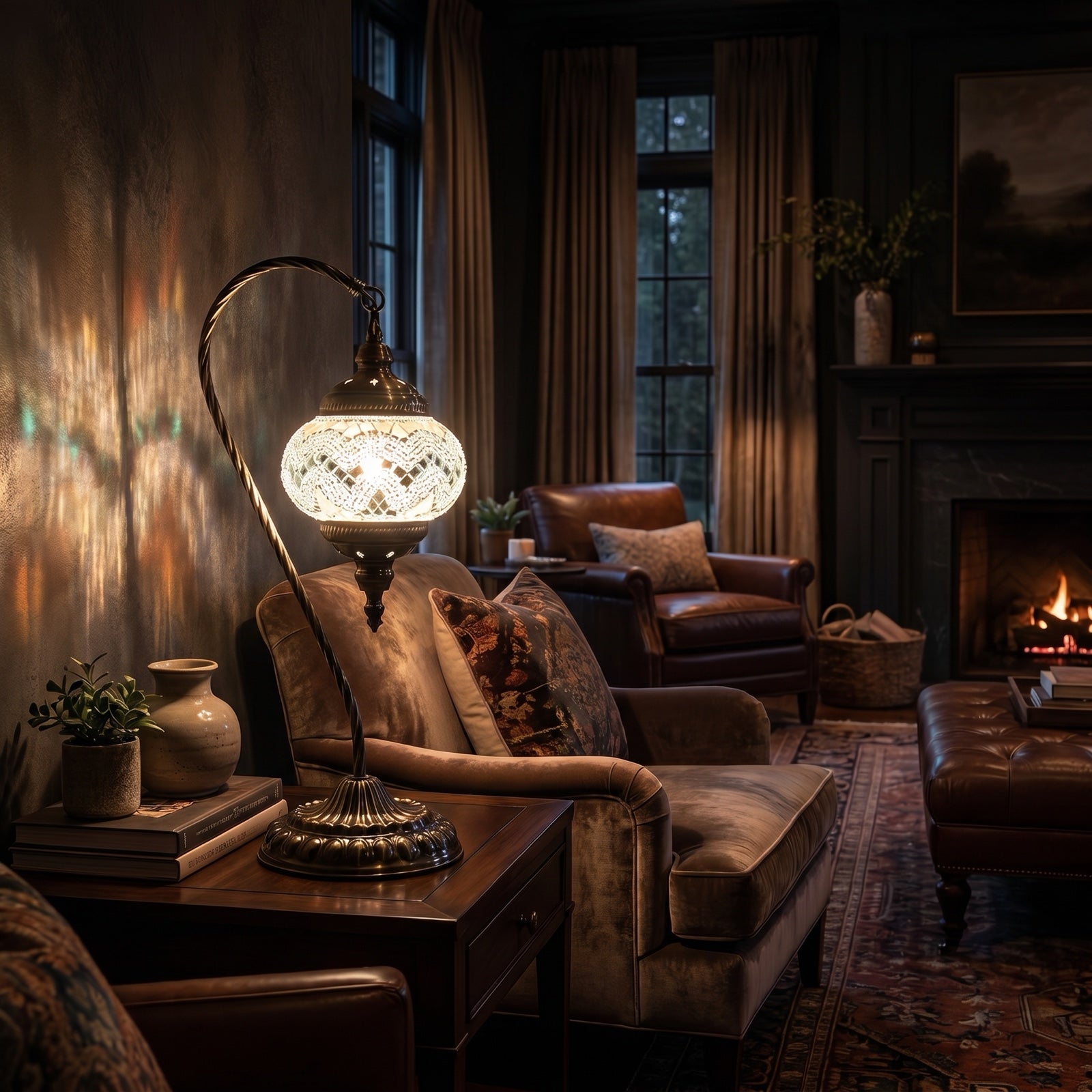 Soft Moonlight mosaic glass table lamp — glowing in a warm, dimly-lit evening room