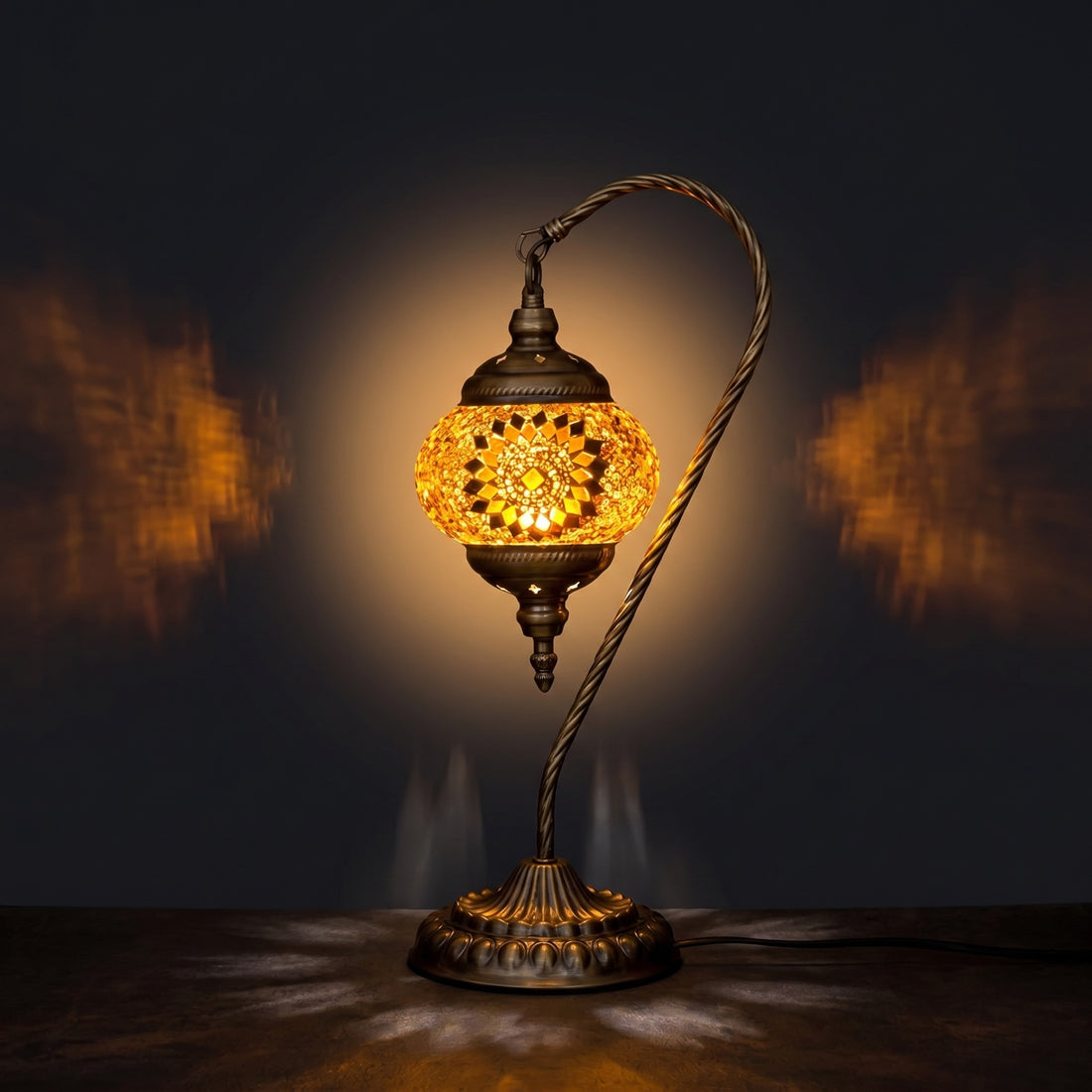 Soothing Orange Blossom Swan Neck Handmade Mosaic Bedside Lamp mosaic glass table lamp — glowing against a deep charcoal background