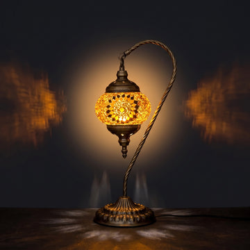 Soothing Orange Blossom Swan Neck Handmade Mosaic Bedside Lamp mosaic glass table lamp — glowing against a deep charcoal background