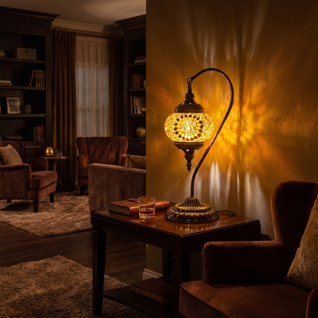 Soothing Orange Blossom Swan Neck Handmade Mosaic Bedside Lamp mosaic glass table lamp — glowing against a deep charcoal background