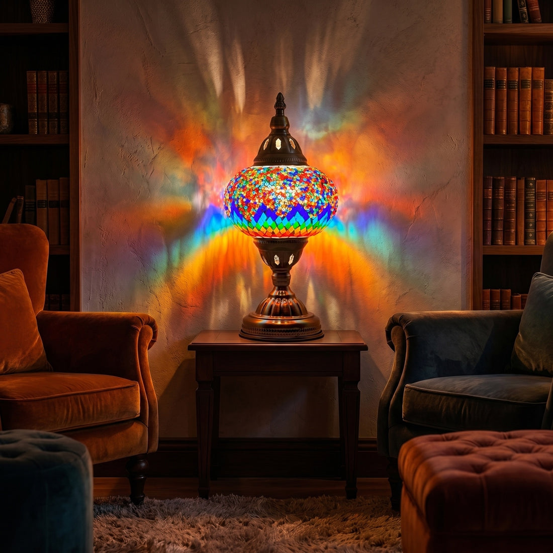 Spectrum Harmony mosaic glass table lamp — glowing against a deep charcoal background