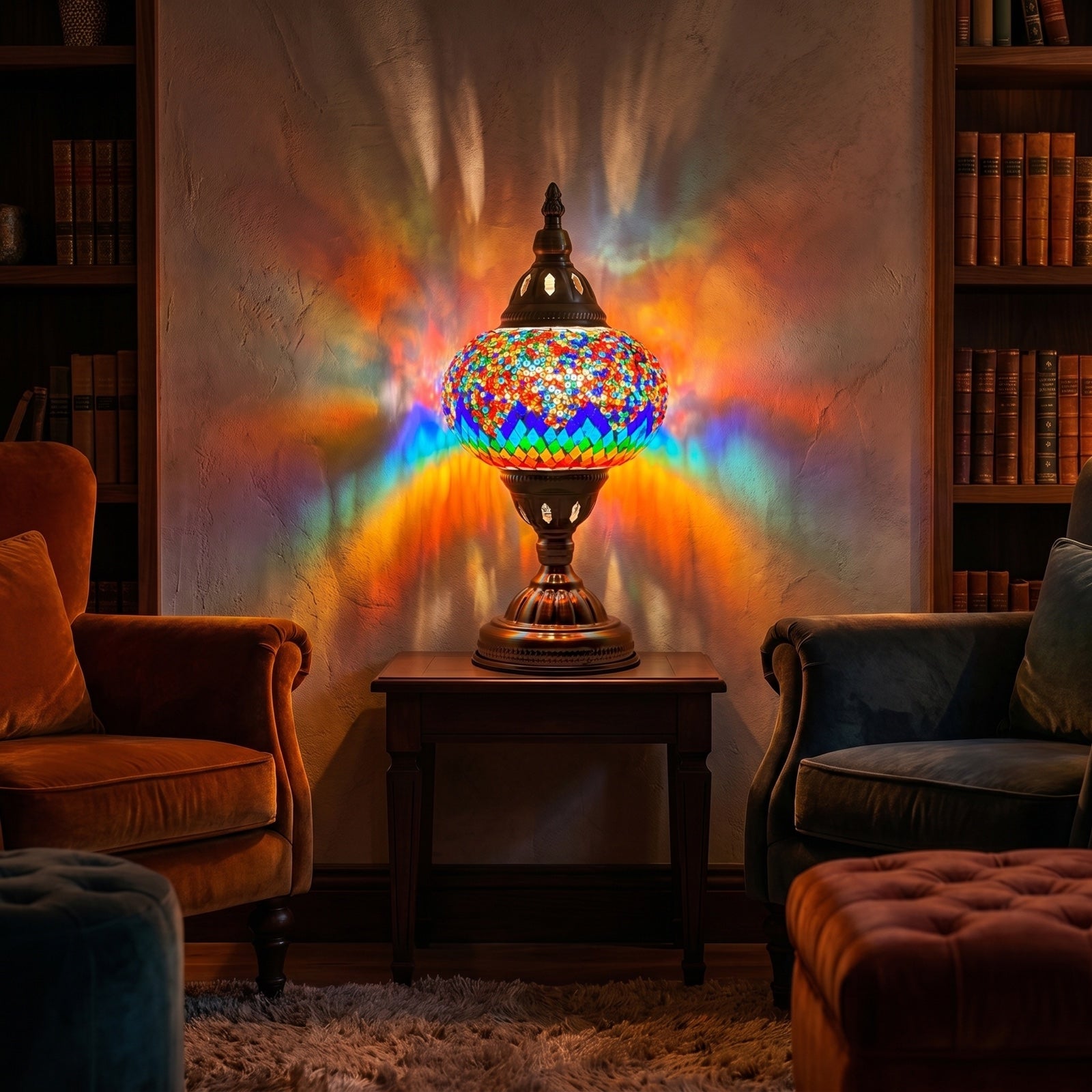 Spectrum Harmony mosaic glass table lamp — glowing in a warm, dimly-lit evening room