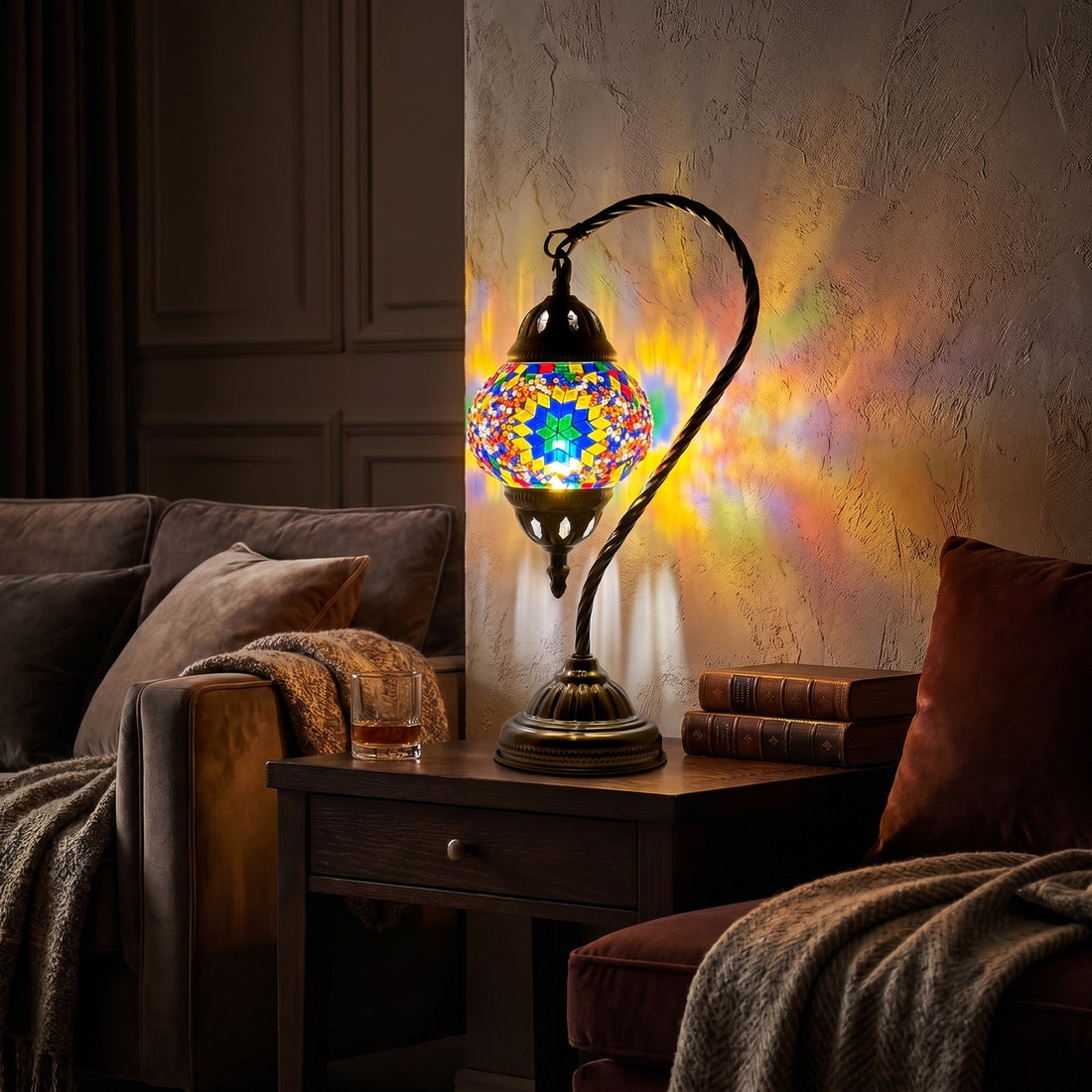 Sunbeam Glow mosaic glass table lamp — glowing against a deep charcoal background