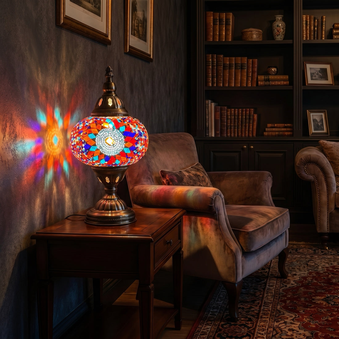 Sunflower Radiance mosaic glass table lamp — glowing against a deep charcoal background