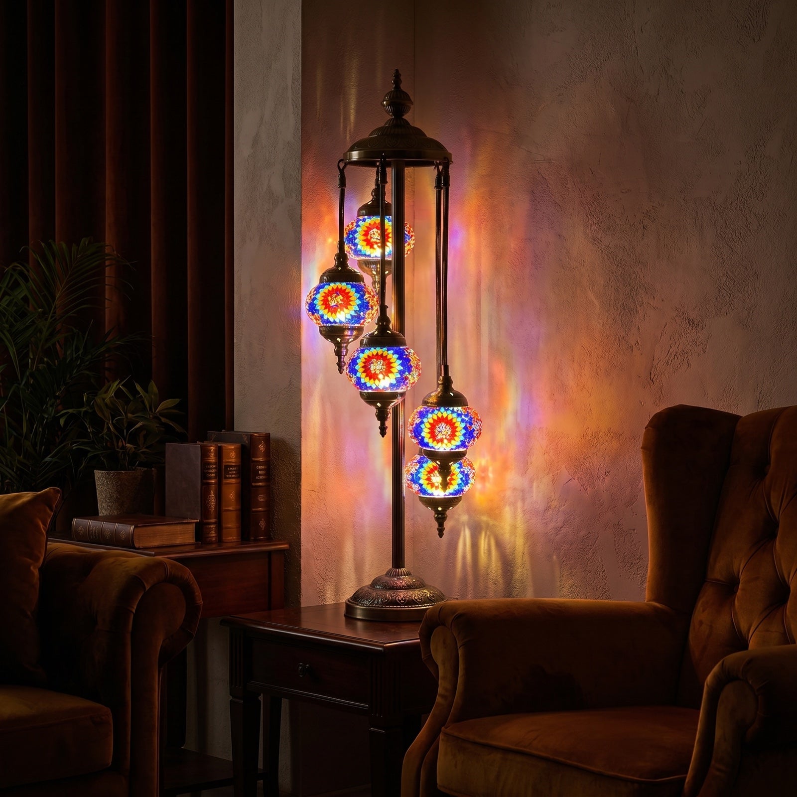 Sunflower Symphony mosaic glass table lamp — glowing in a warm, dimly-lit evening room