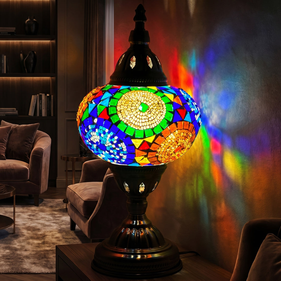 Sunflower Symphony mosaic glass table lamp — glowing against a deep charcoal background