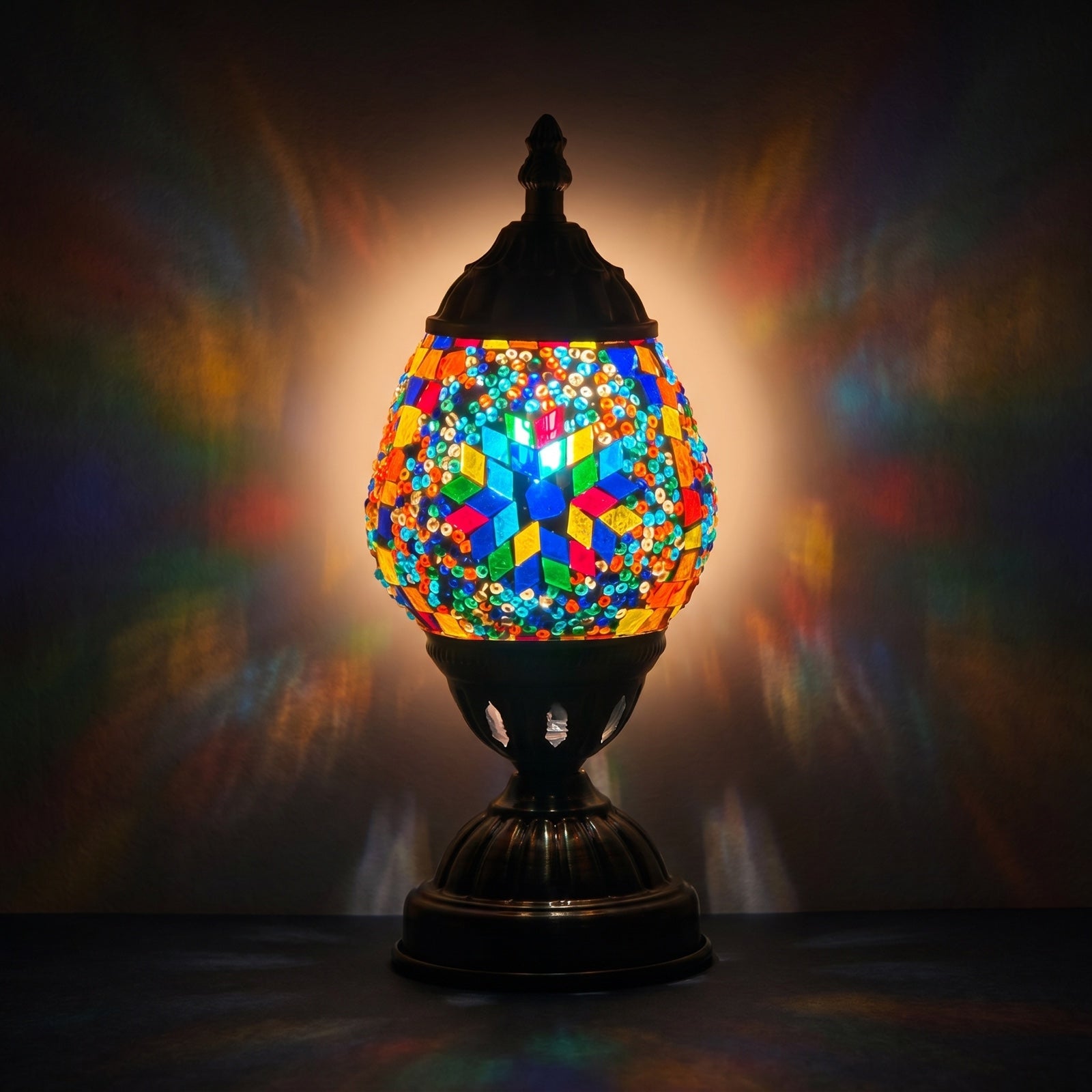 Sunlight Flower Turkish Mosaic Lamp mosaic glass table lamp — glowing against a deep charcoal background