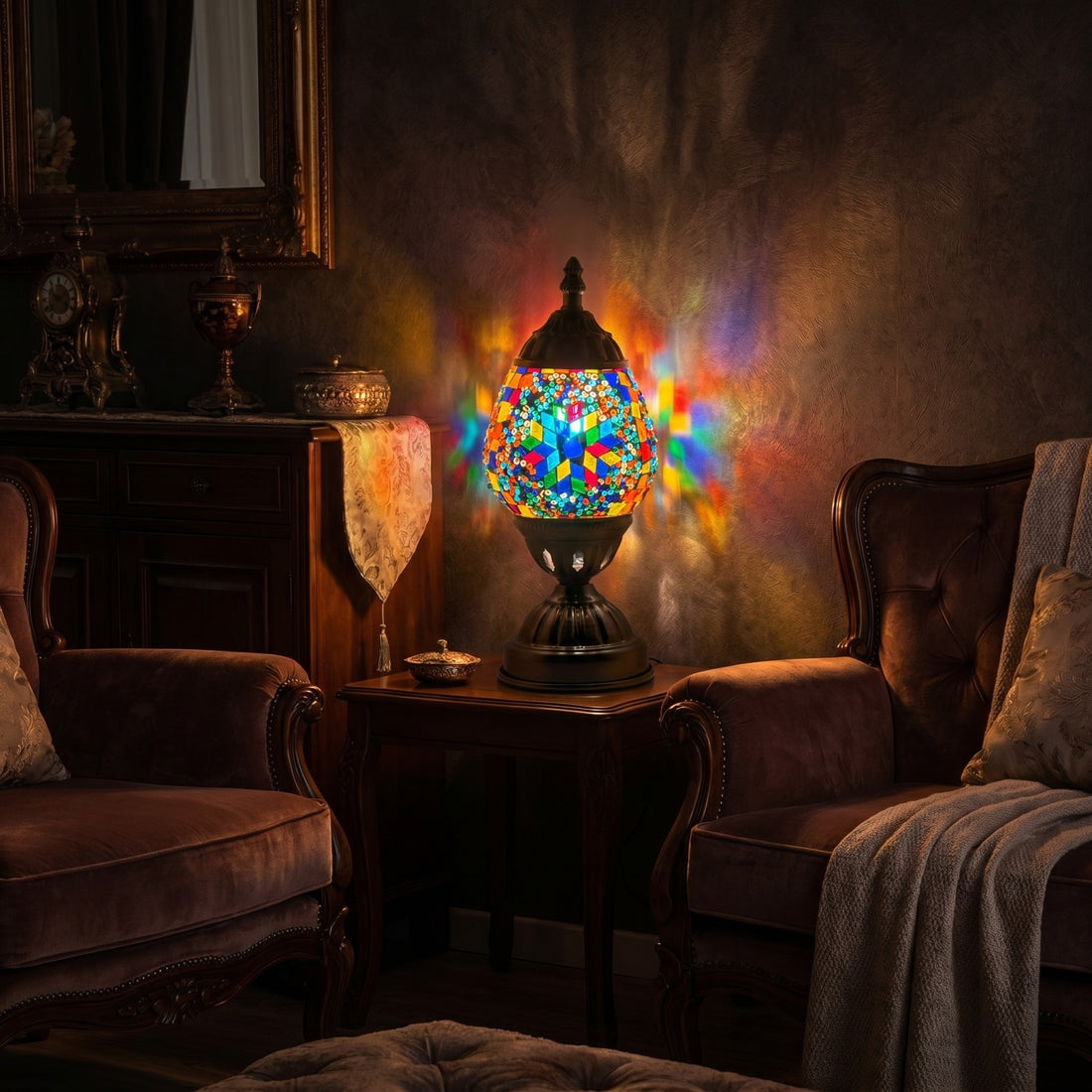 Sunlight Flower Turkish Mosaic Lamp mosaic glass table lamp — glowing against a deep charcoal background