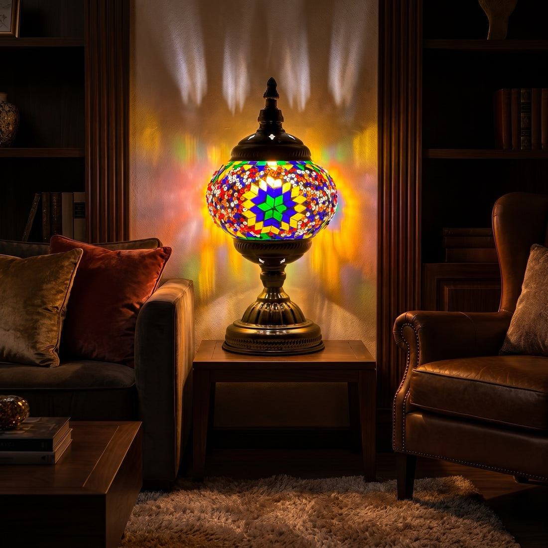 Sunset Aura mosaic glass table lamp — glowing against a deep charcoal background