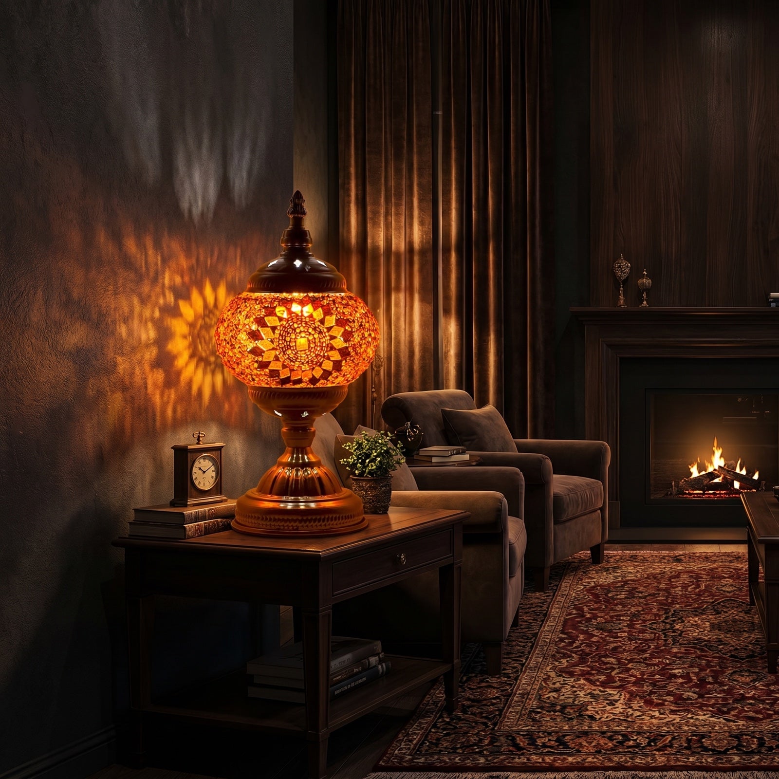 amber and orange mosaic glass lamp casting colorful patterned light across a cozy evening living room