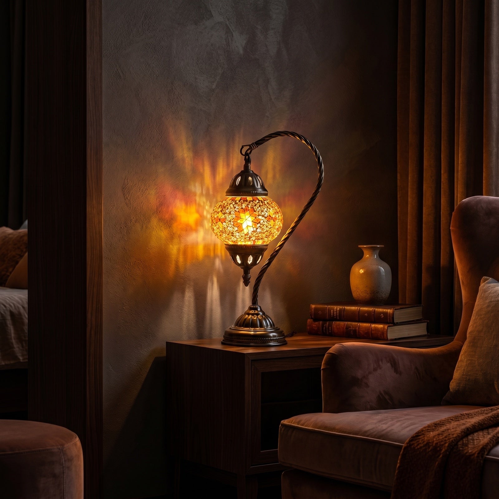 Sunset Glow mosaic glass table lamp — glowing in a warm, dimly-lit evening room