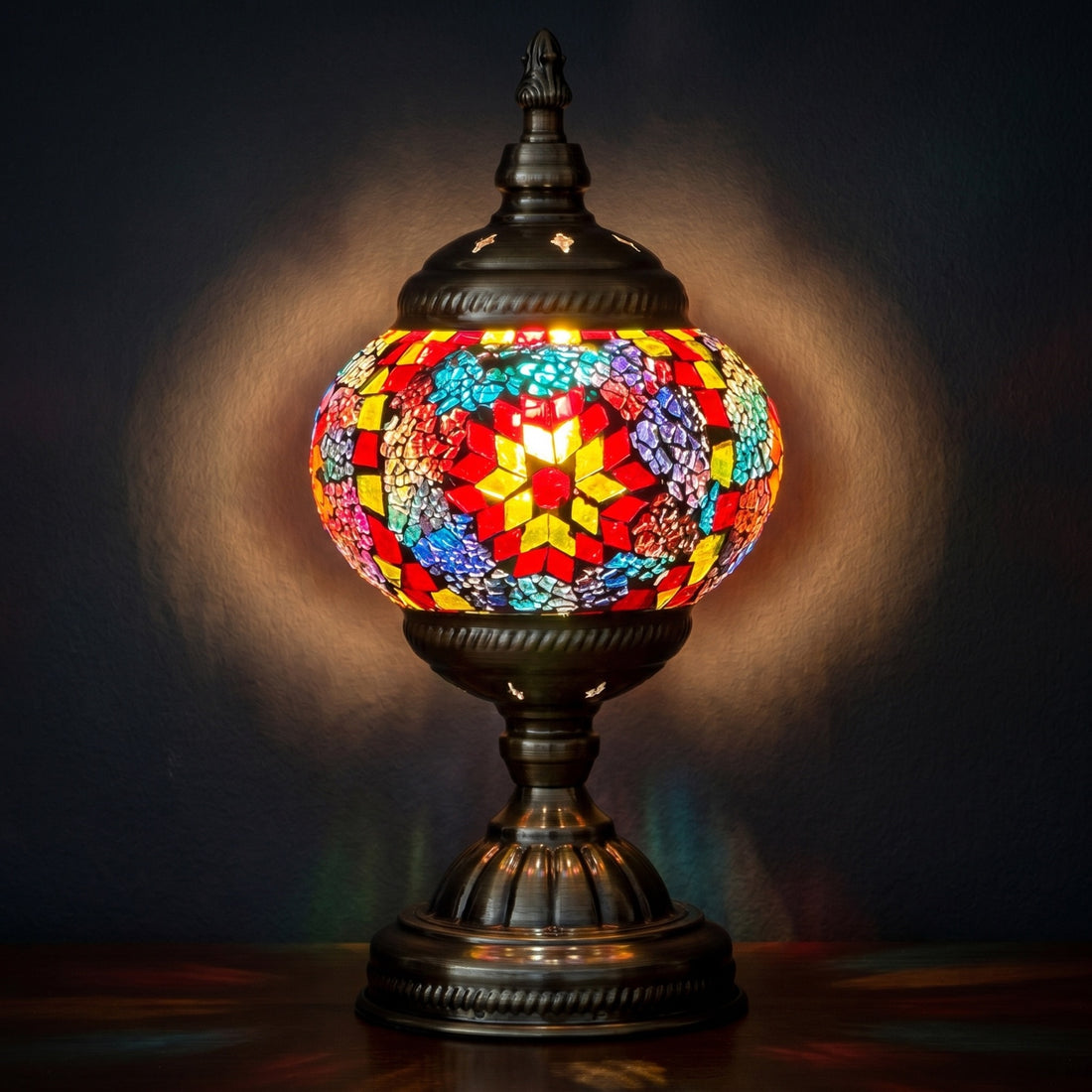 Sunset Rainbow Tiffany Mosaic Lamp mosaic glass table lamp — glowing against a deep charcoal background