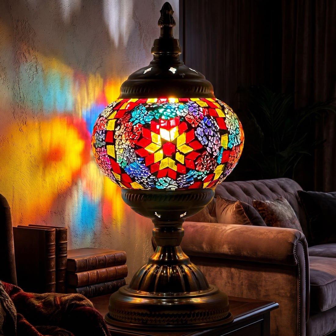 Sunset Rainbow Tiffany Mosaic Lamp mosaic glass table lamp — glowing against a deep charcoal background