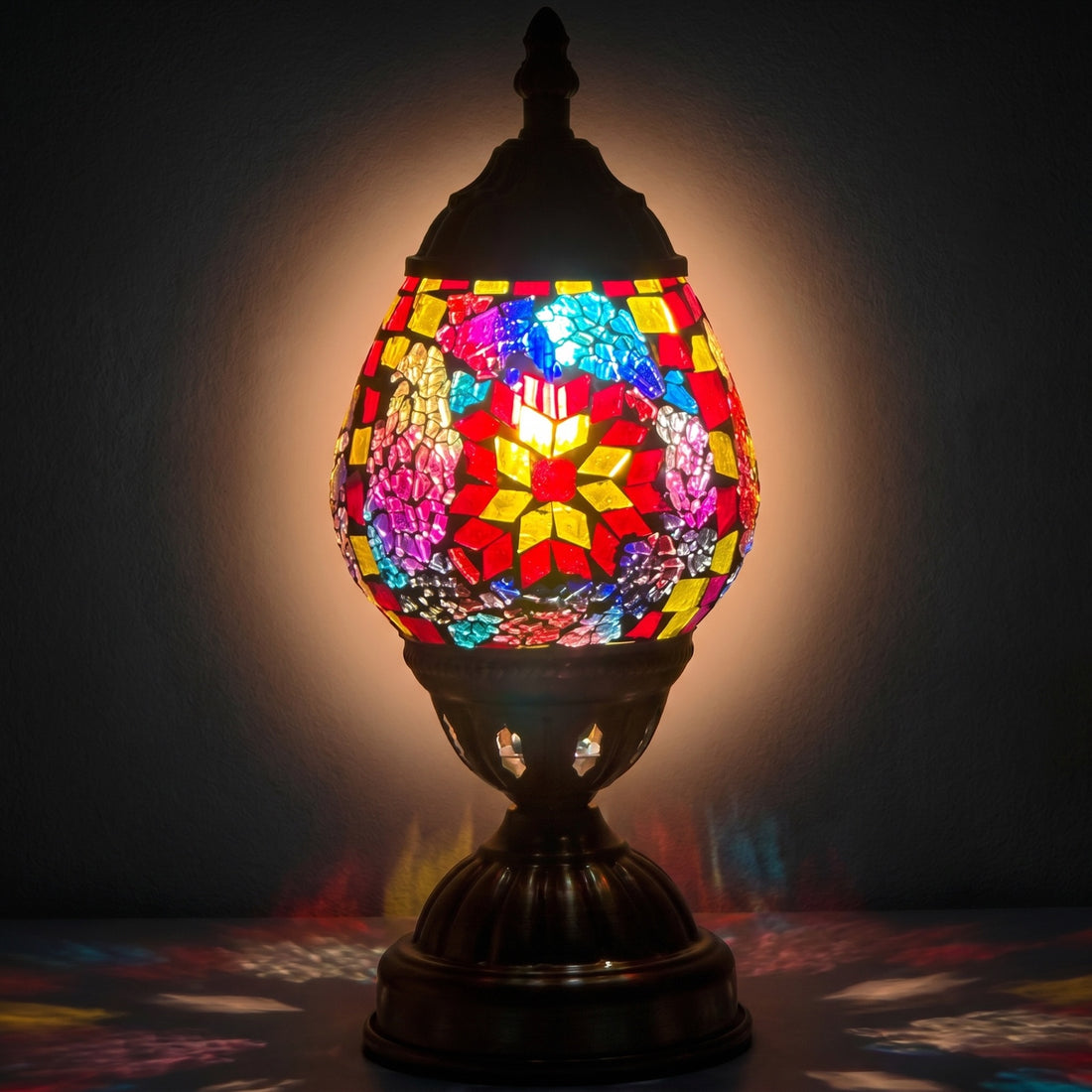 Sunset Tiffany Table Lamps with Mosaic Glasses mosaic glass table lamp — glowing against a deep charcoal background