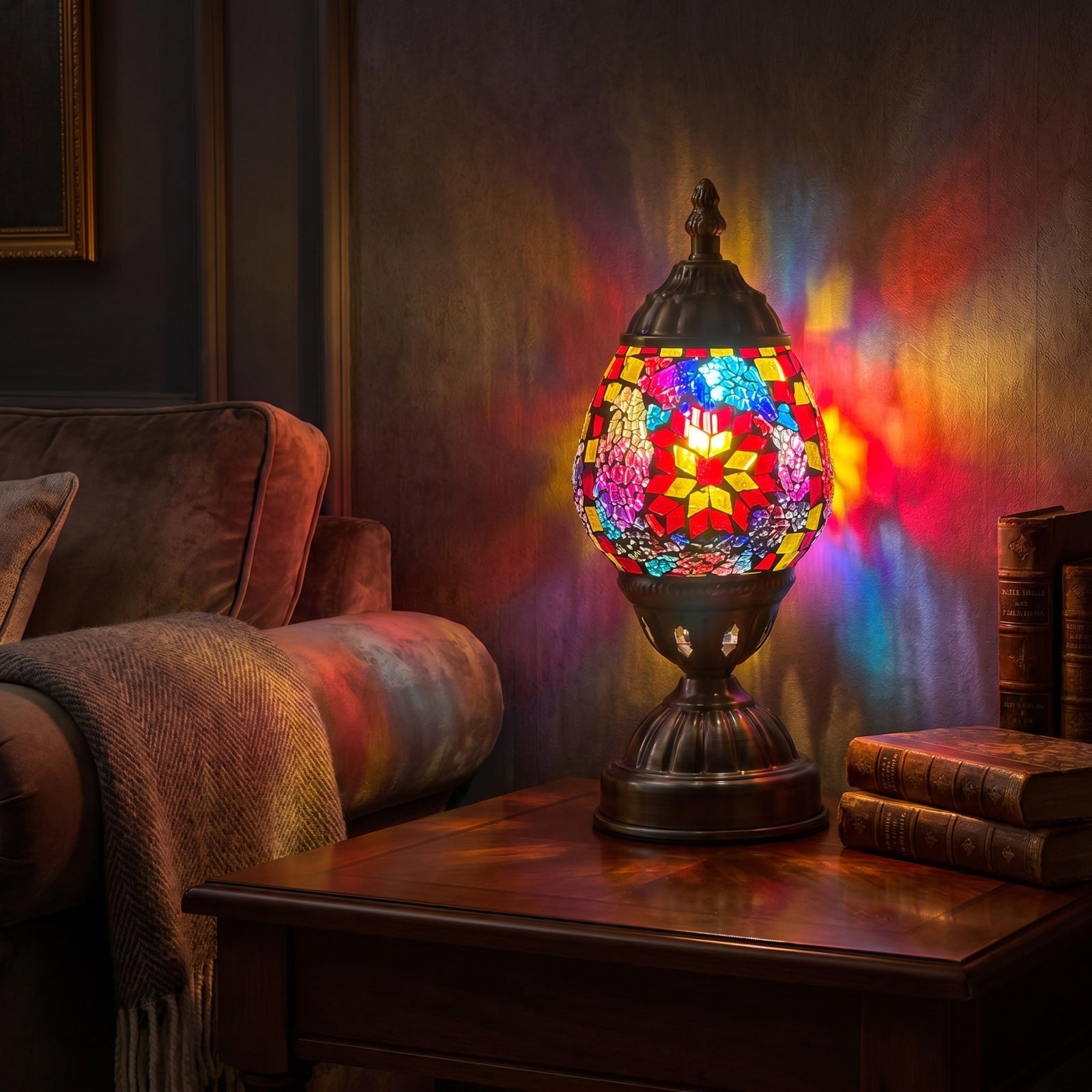 Sunset Tiffany Table Lamps with Mosaic Glasses mosaic glass table lamp — glowing in a warm, dimly-lit evening room
