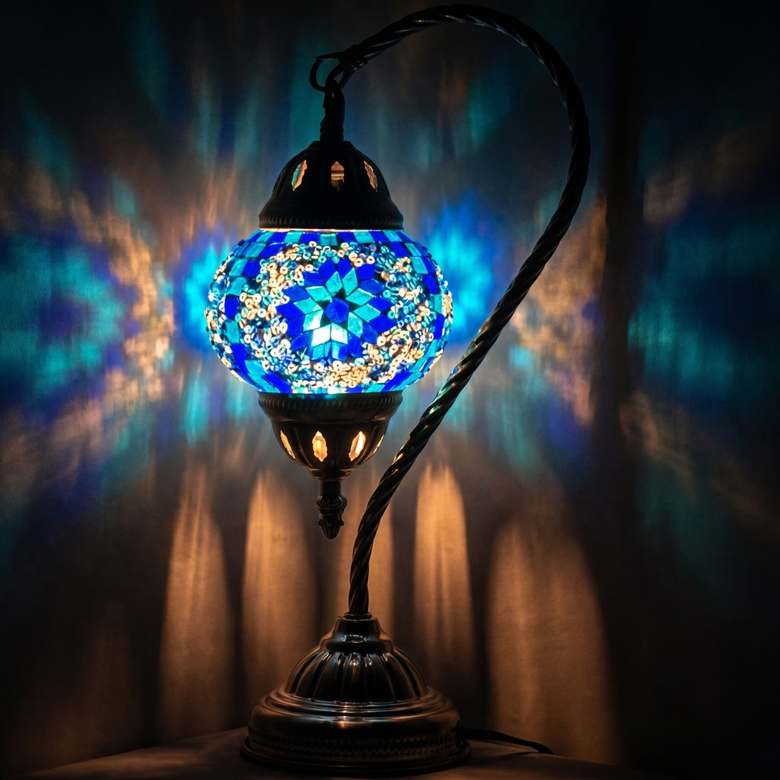 Swan Neck Turkish Desk Lamp mosaic glass table lamp — glowing against a deep charcoal background