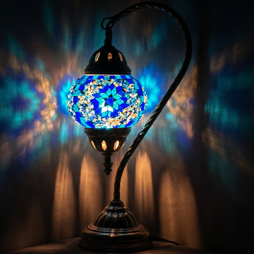Swan Neck Turkish Desk Lamp mosaic glass table lamp — glowing against a deep charcoal background