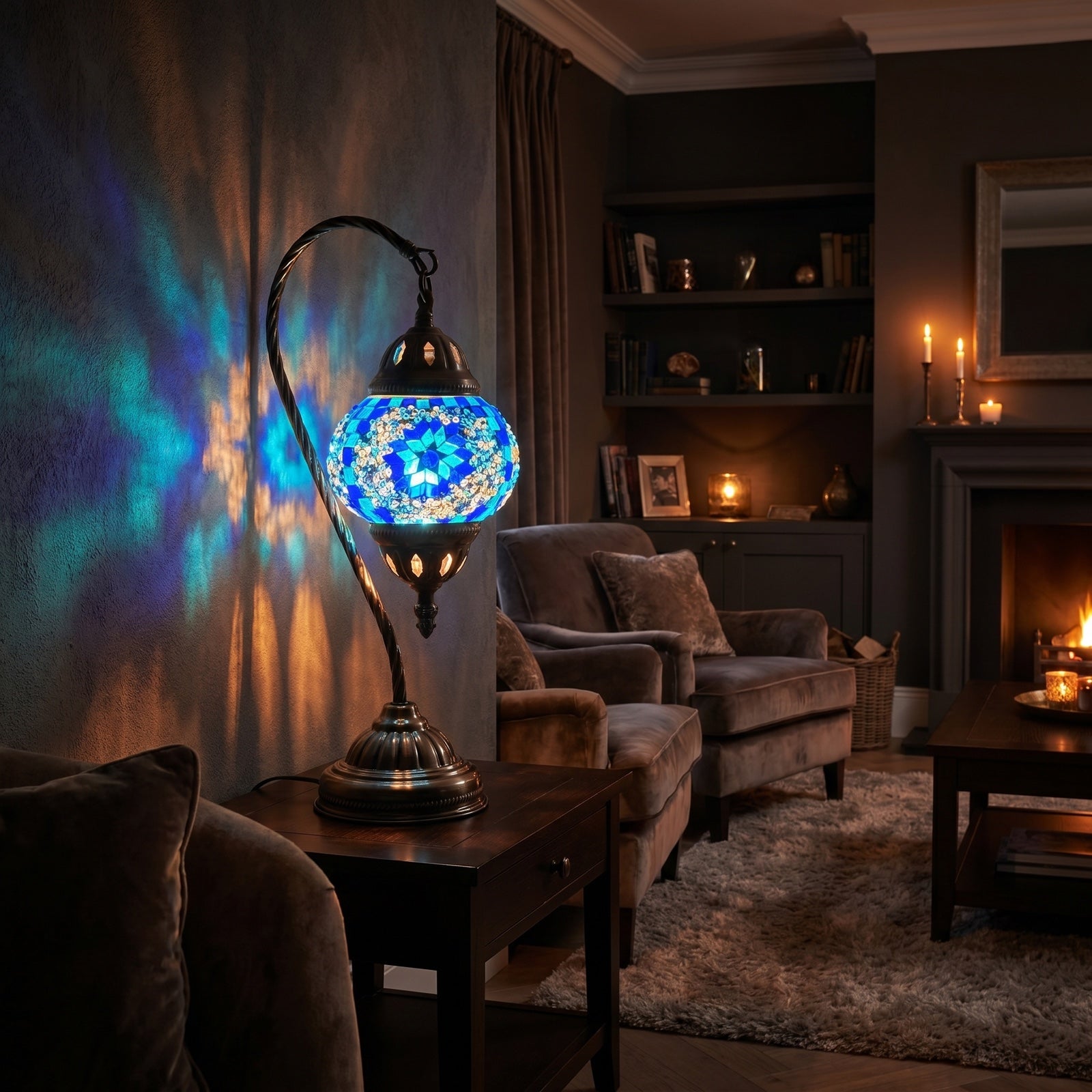 Swan Neck Turkish Desk Lamp mosaic glass table lamp — glowing in a warm, dimly-lit evening room