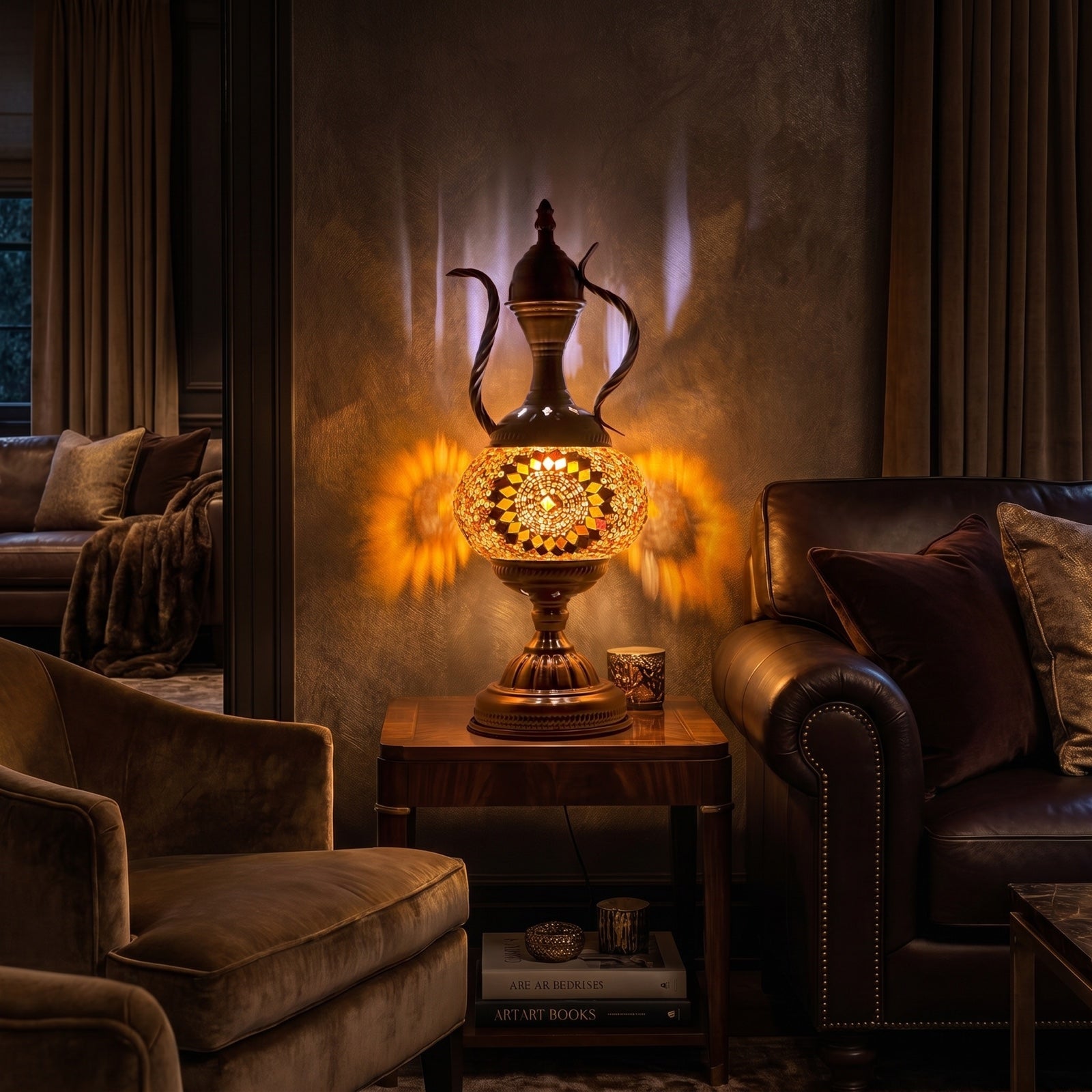Tangerine Dreams mosaic glass table lamp — glowing in a warm, dimly-lit evening room