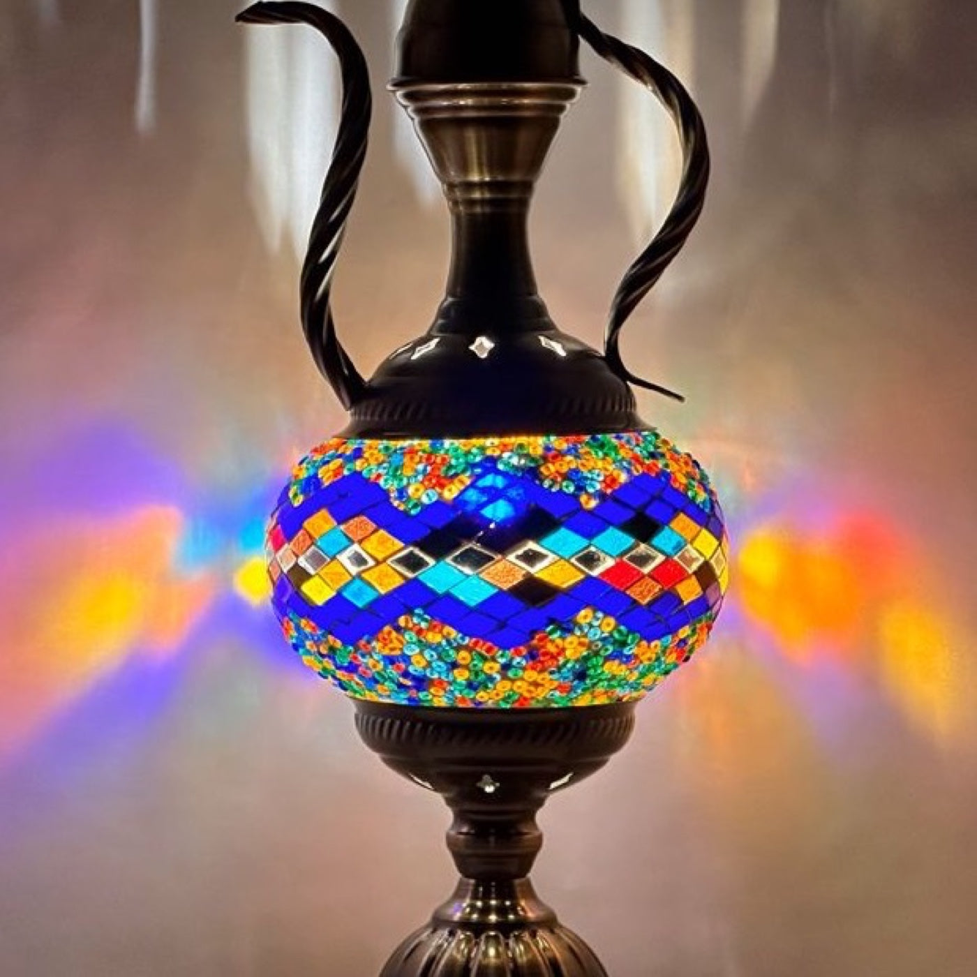 Teapot Treasure mosaic glass table lamp — close-up of the hand-cut mosaic glass