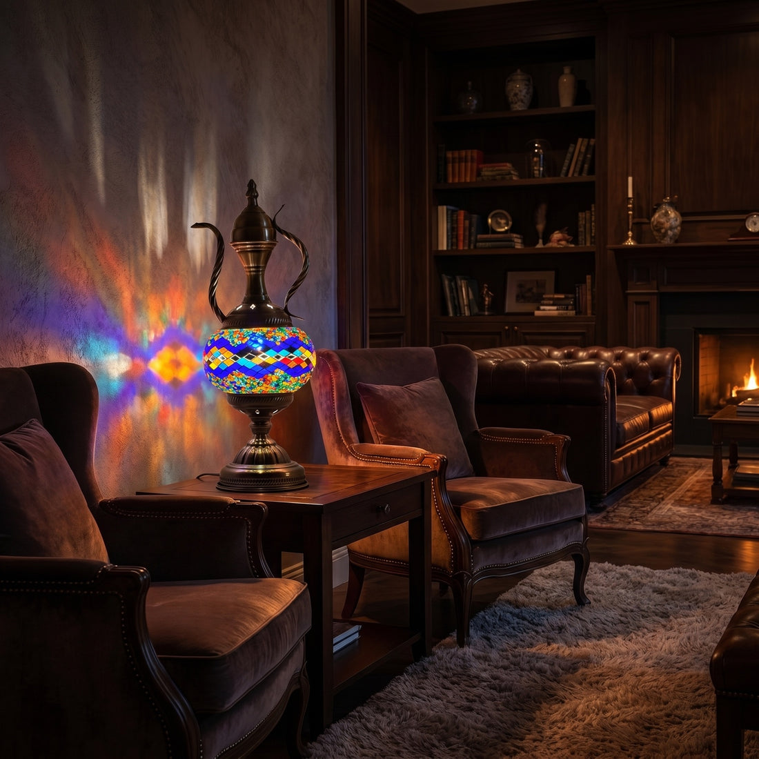 Teapot Treasure mosaic glass table lamp — glowing against a deep charcoal background