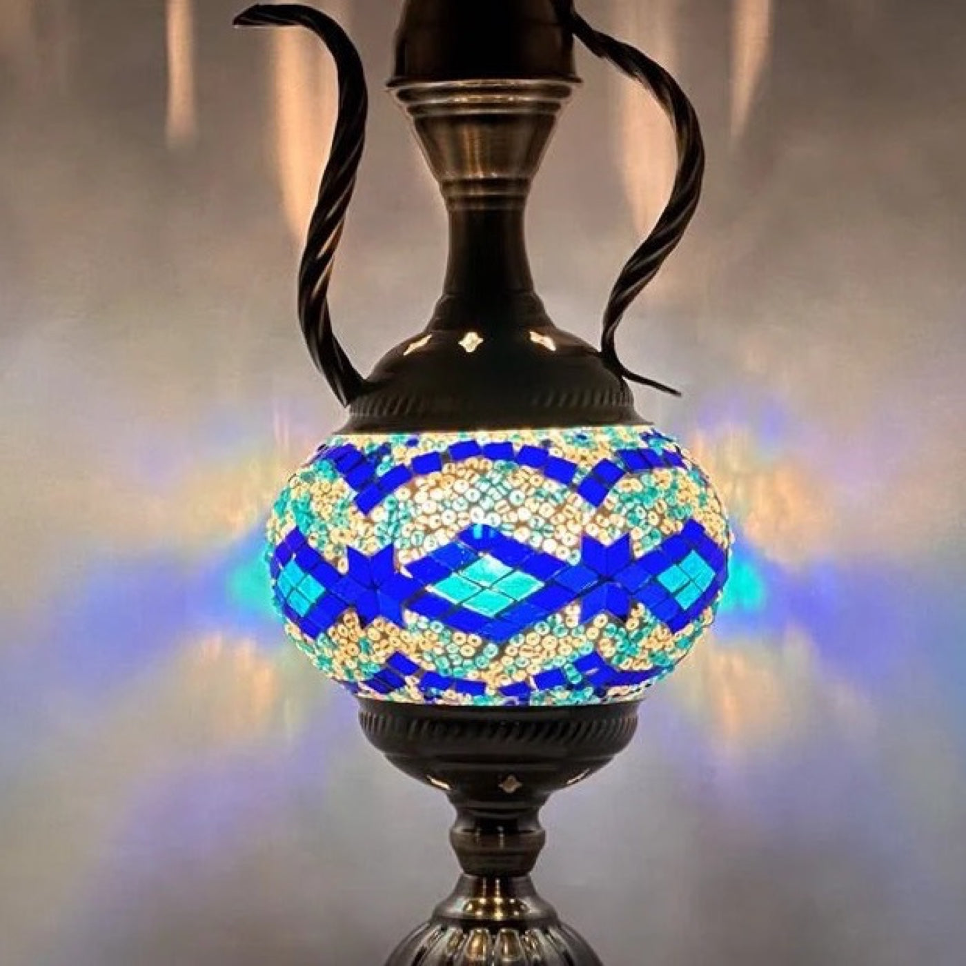 Tiffany mosaic glass table lamp — close-up of the hand-cut mosaic glass