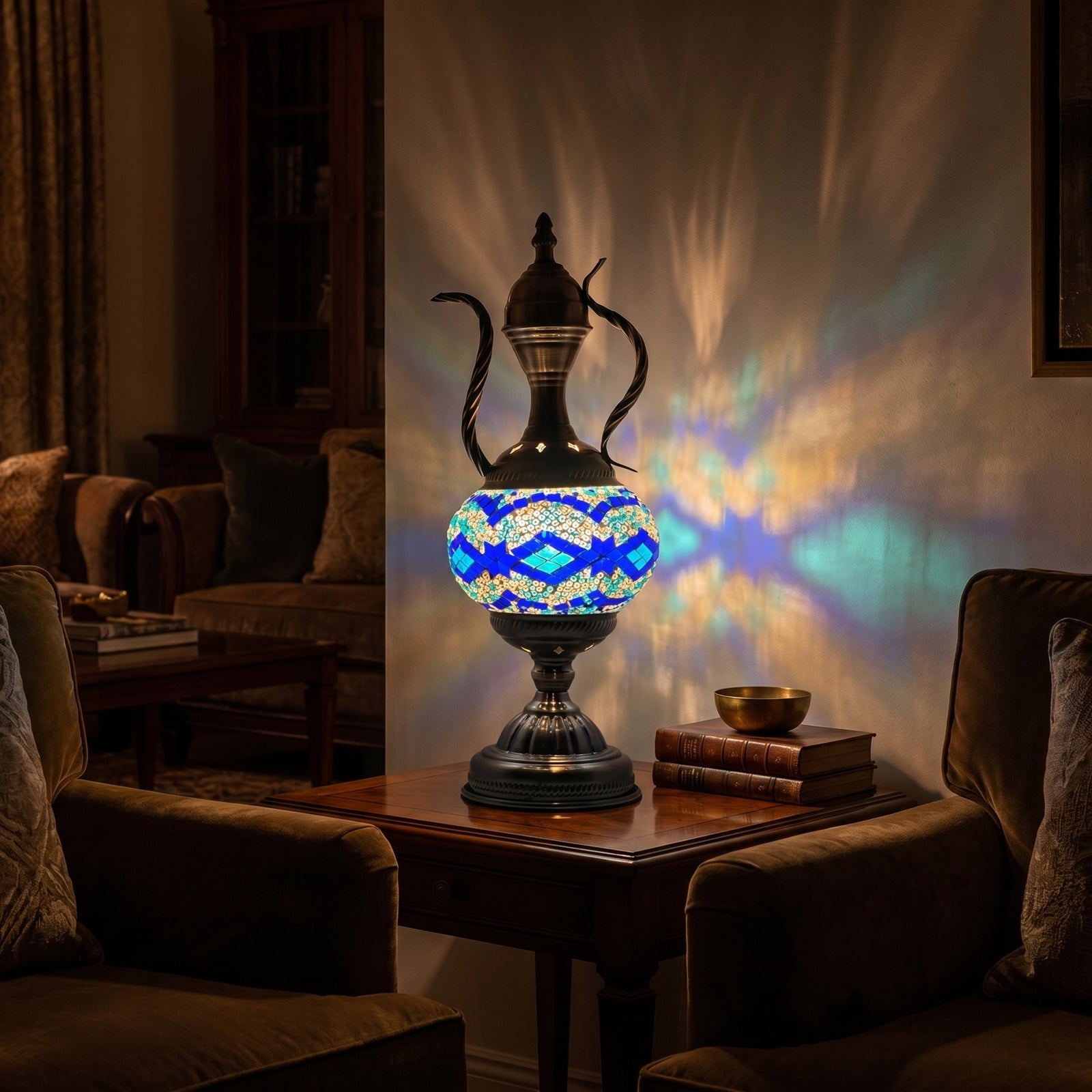 Tiffany mosaic glass table lamp — glowing in a warm, dimly-lit evening room