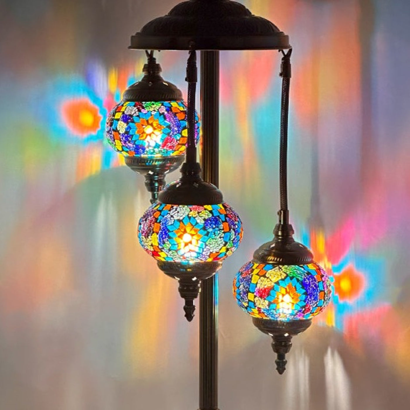 Tiffany Style Colorful Flower Mosaic Floor Lamps with 3 Globes mosaic glass table lamp — close-up of the hand-cut mosaic glass