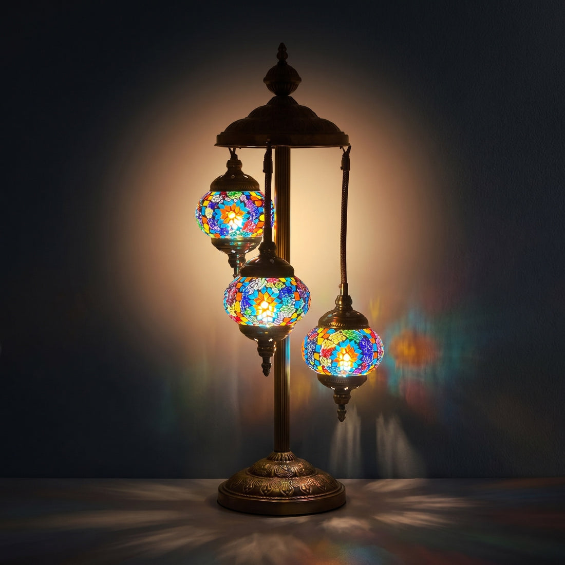 Tiffany Style Colorful Flower Mosaic Floor Lamps with 3 Globes mosaic glass table lamp — glowing against a deep charcoal background