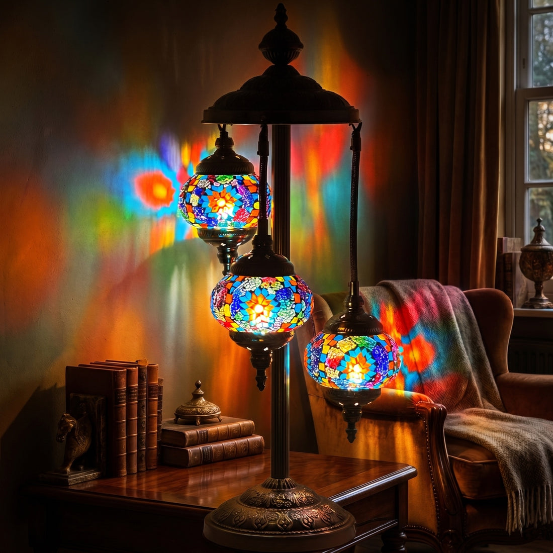 Tiffany Style Colorful Flower Mosaic Floor Lamps with 3 Globes mosaic glass table lamp — glowing against a deep charcoal background