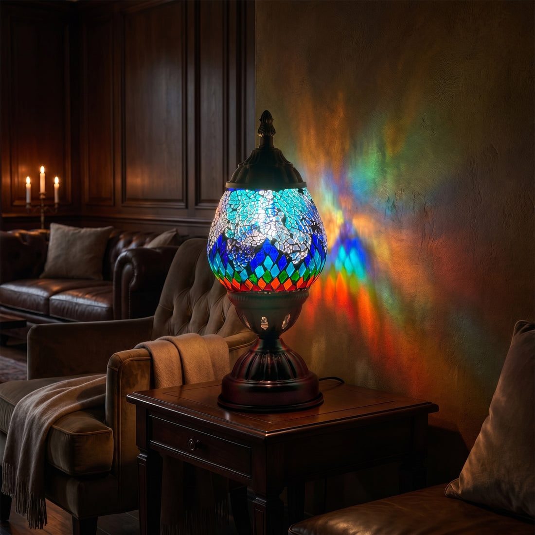 Tiffany style Lamp with Mosaic Glasses mosaic glass table lamp — glowing against a deep charcoal background