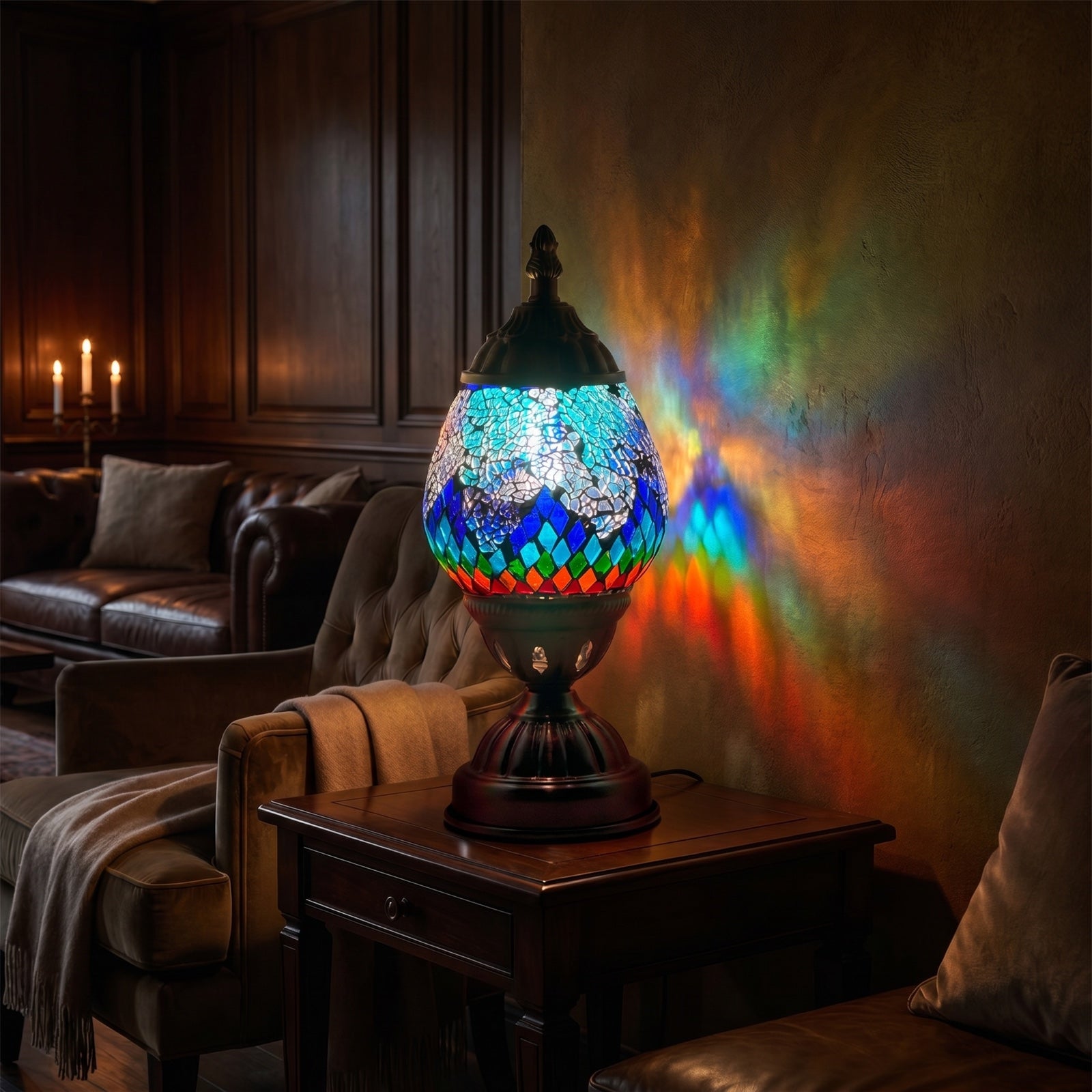 Tiffany style Lamp with Mosaic Glasses mosaic glass table lamp — glowing in a warm, dimly-lit evening room