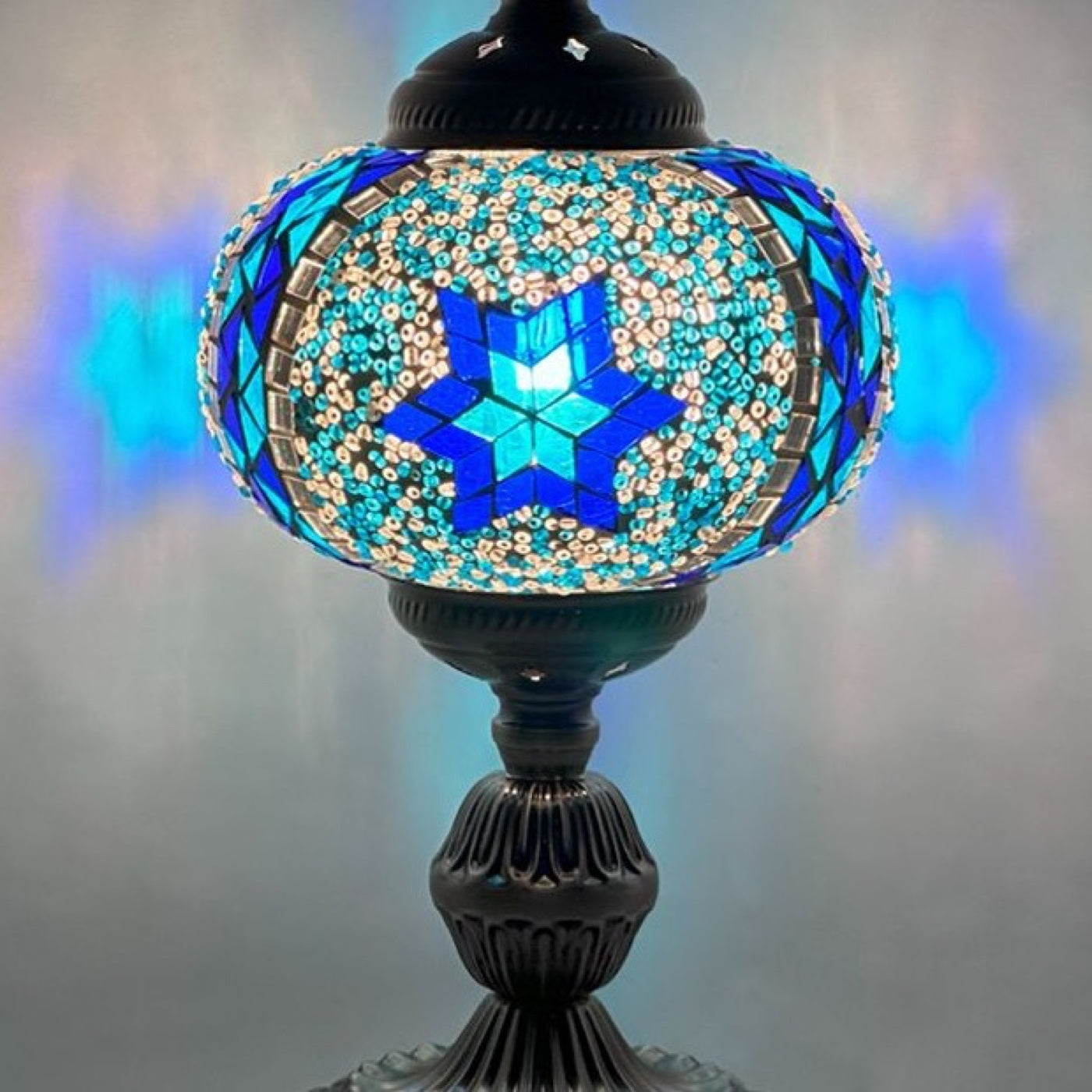 Traditional Blue Star Mosaic Turkish Table Lamp mosaic glass table lamp — close-up of the hand-cut mosaic glass