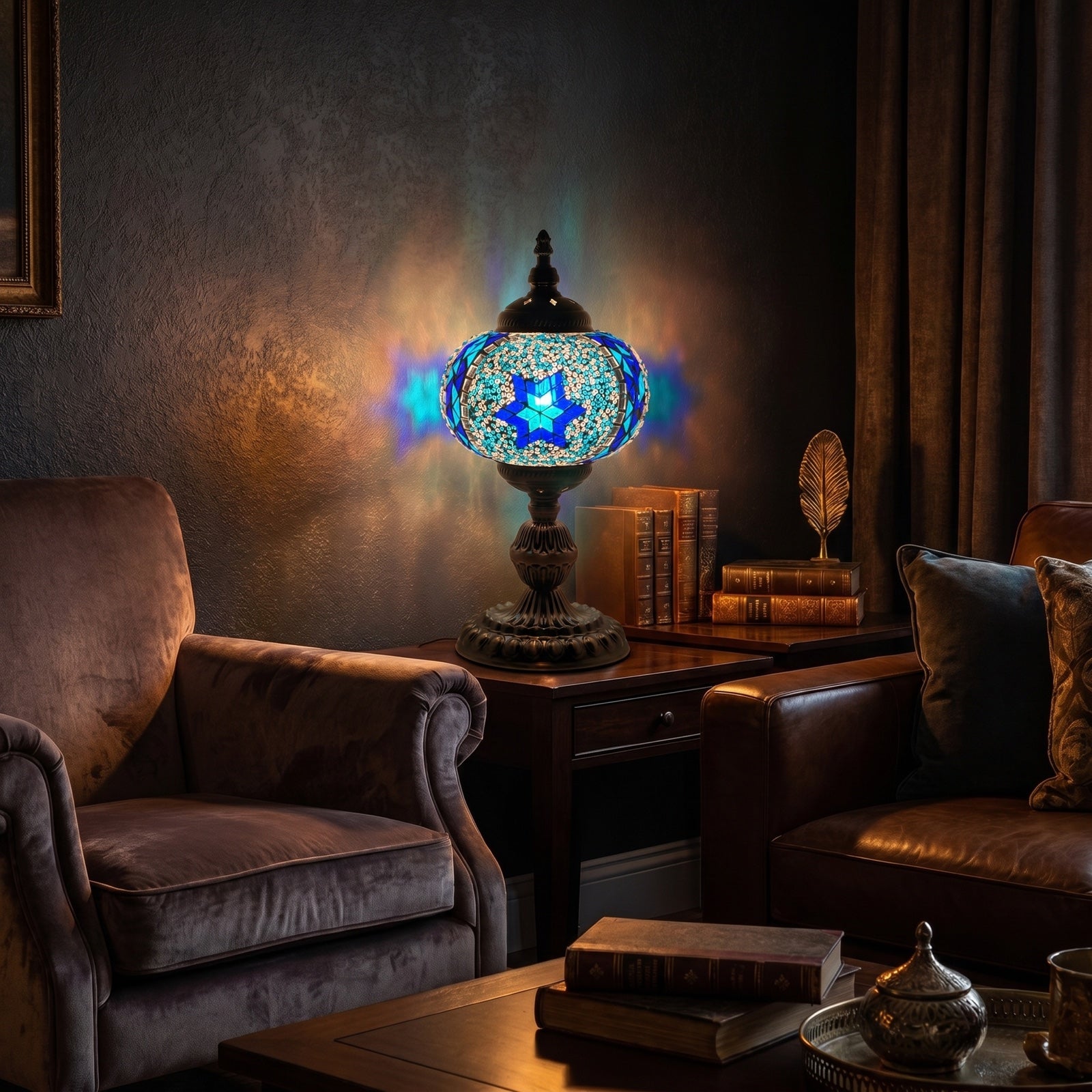 Traditional Blue Star Mosaic Turkish Table Lamp mosaic glass table lamp — glowing in a warm, dimly-lit evening room