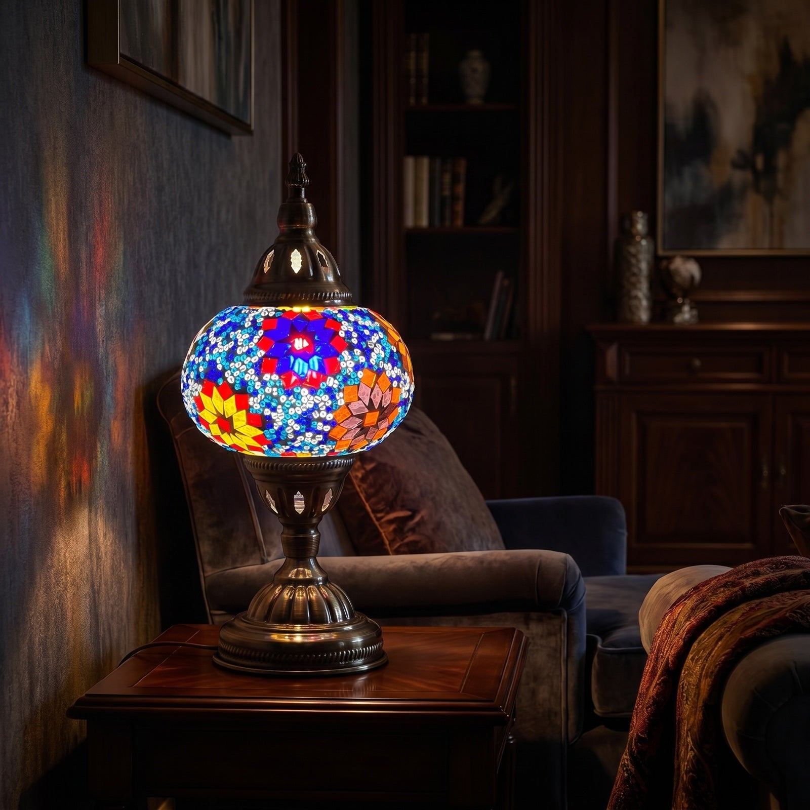 Tropical Elegance mosaic glass table lamp — glowing in a warm, dimly-lit evening room