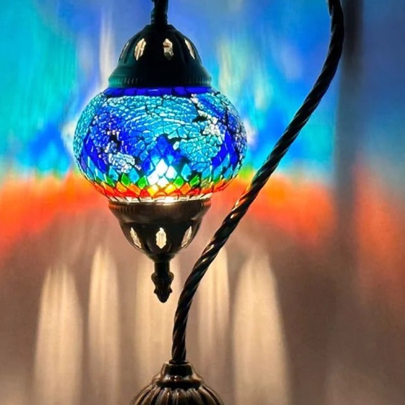 Turkish Atlantis Rainbow Lamp mosaic glass table lamp — close-up of the hand-cut mosaic glass