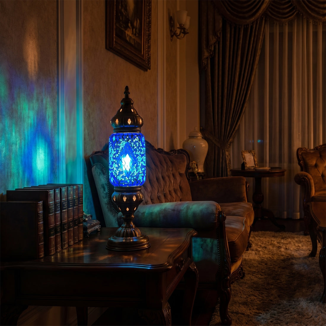 Turkish Blue Diamond Lamp mosaic glass table lamp — glowing against a deep charcoal background