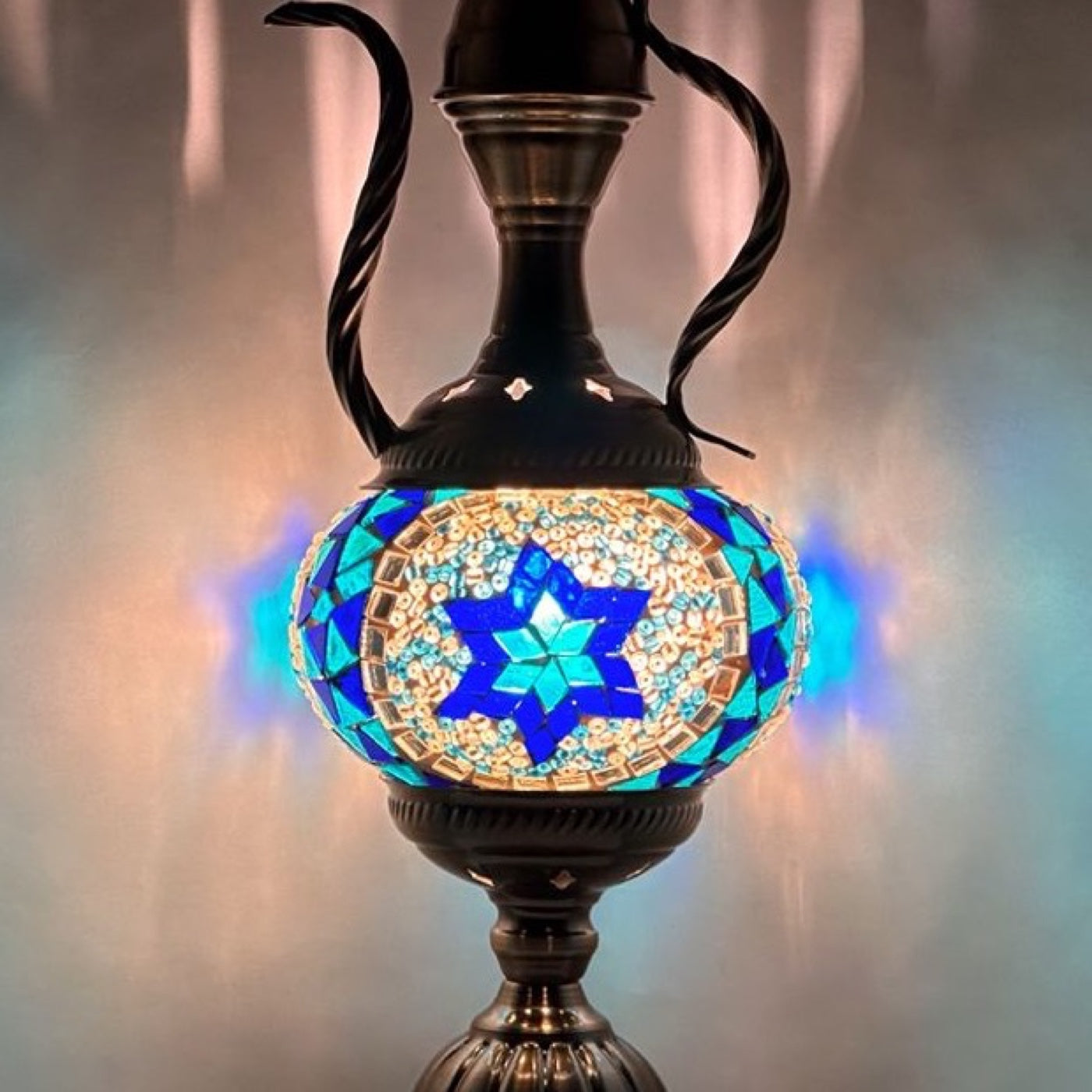 Turkish Blue Star Pitcher Lamp mosaic glass table lamp — close-up of the hand-cut mosaic glass