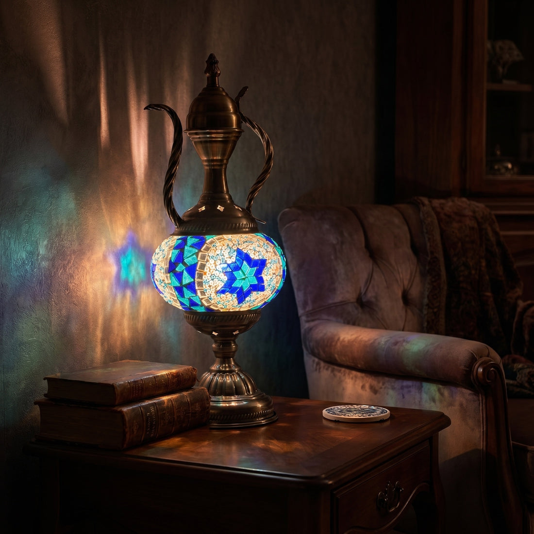 Turkish Blue Star Pitcher Lamp mosaic glass table lamp — glowing against a deep charcoal background