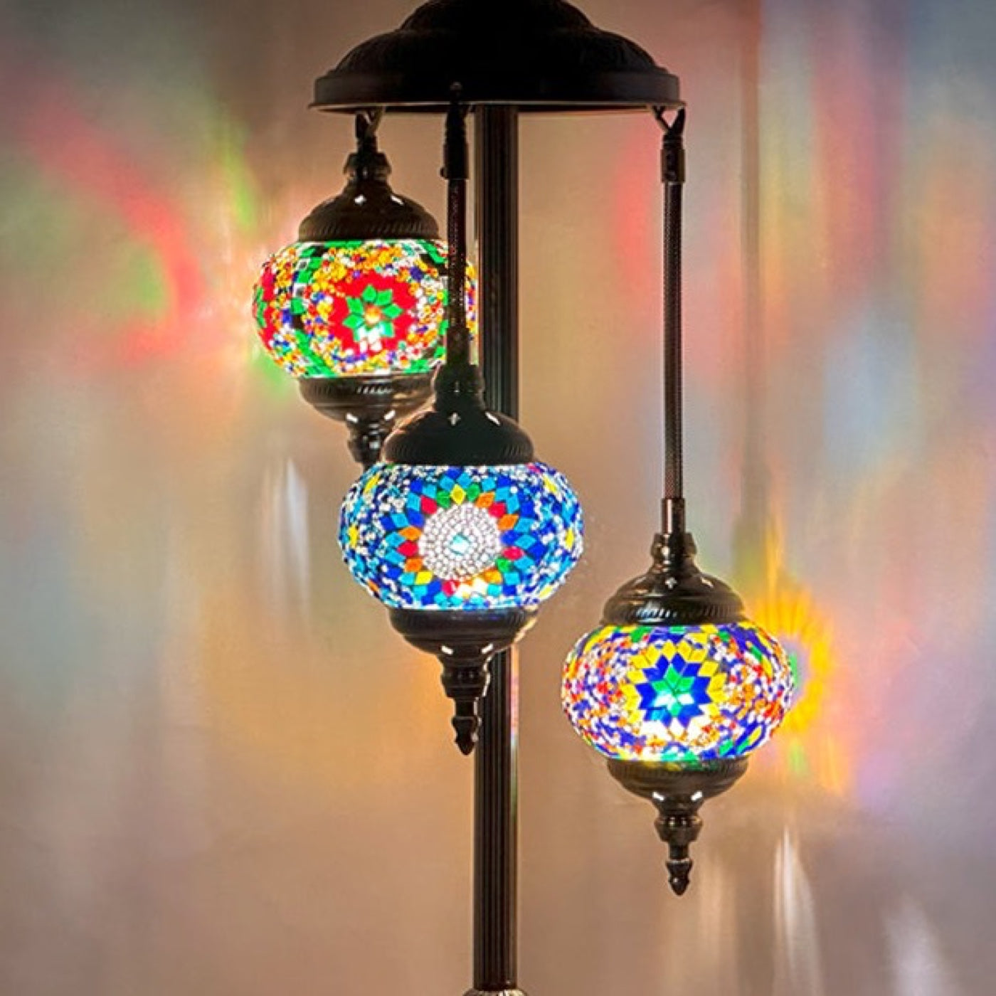 Turkish Delight Rainbow Mosaic Floor Lamps with 3 Globes mosaic glass table lamp — close-up of the hand-cut mosaic glass
