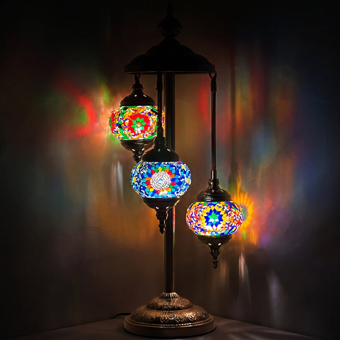 Turkish Delight Rainbow Mosaic Floor Lamps with 3 Globes mosaic glass table lamp — glowing against a deep charcoal background