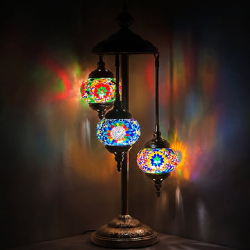 Turkish Delight Rainbow Mosaic Floor Lamps with 3 Globes mosaic glass table lamp — glowing against a deep charcoal background