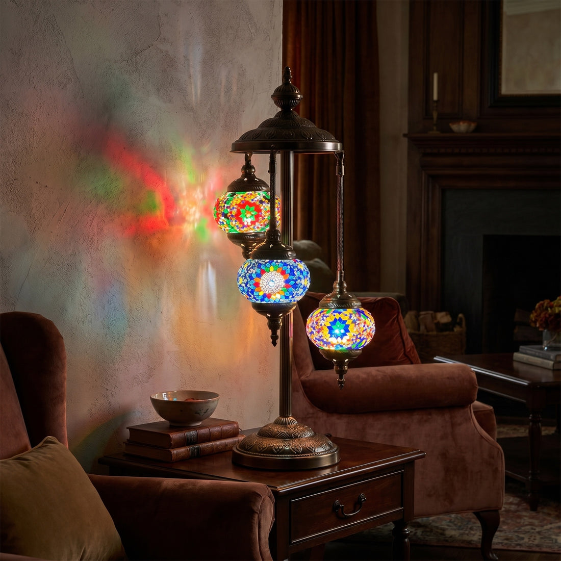 Turkish Delight Rainbow Mosaic Floor Lamps with 3 Globes mosaic glass table lamp — glowing against a deep charcoal background