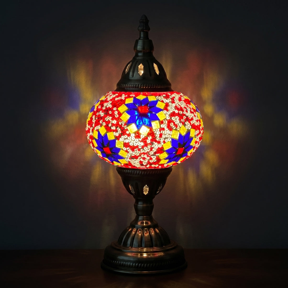 Turkish Desk Lamp mosaic glass table lamp — glowing against a deep charcoal background