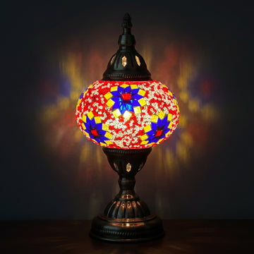 Turkish Desk Lamp mosaic glass table lamp — glowing against a deep charcoal background