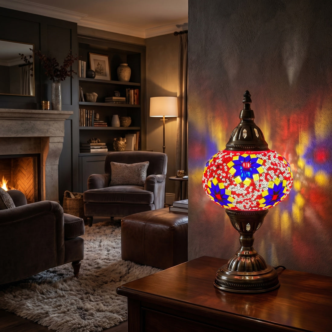 Turkish Desk Lamp mosaic glass table lamp — glowing against a deep charcoal background