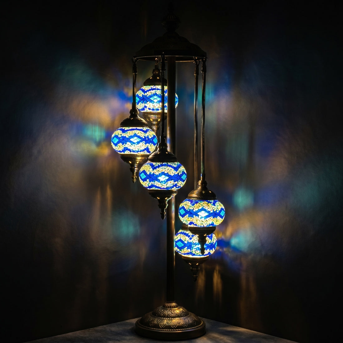 Turkish Floor Lamp with Blue Diamonds mosaic glass table lamp — glowing against a deep charcoal background